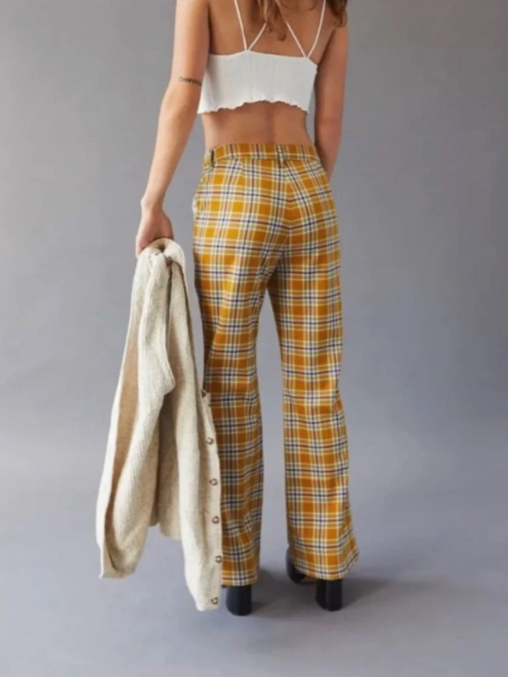 Urban Outfitters Isabella Plaid Flare Pants Yellow Ochre Retro 70s. Size 0. - Picture 2 of 6